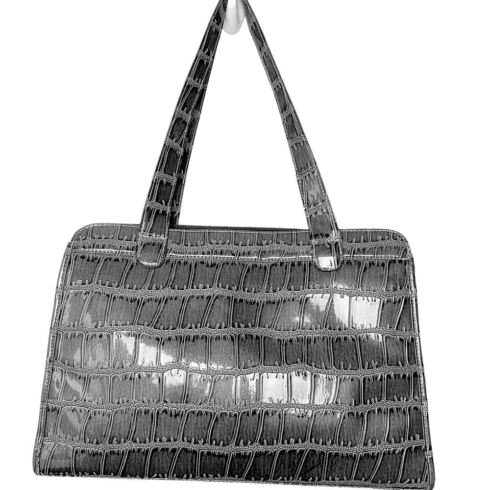 Attention Women Large Purse/Computer Crocodile Embossed Print Bag Gray - Picture 2 of 15